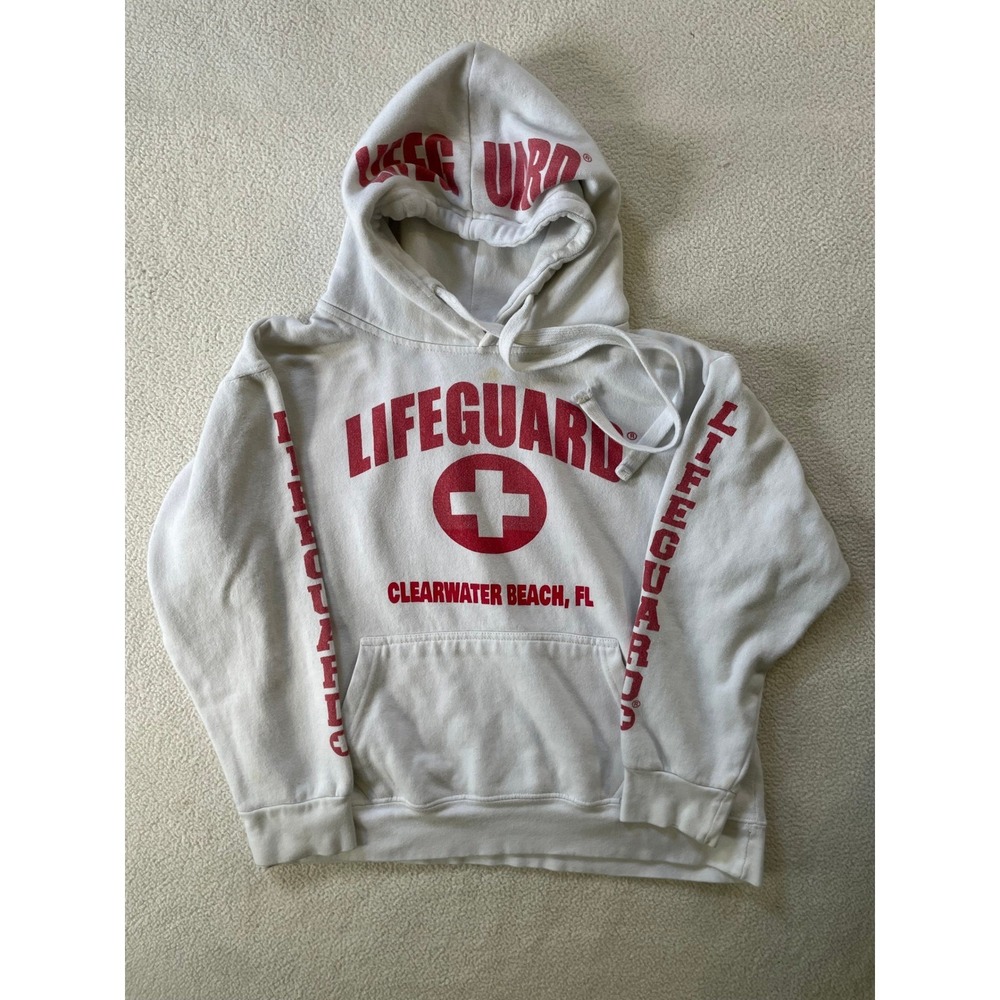 Lifeguard Mens Medium Hoodie White Clearwater Beach FL Souvenir Pullover Graphic